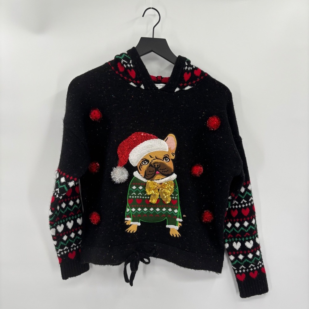 Womens French Bulldog Ugly‎ Christmas Sweater XS Black Frenchie Dog Hoodie New